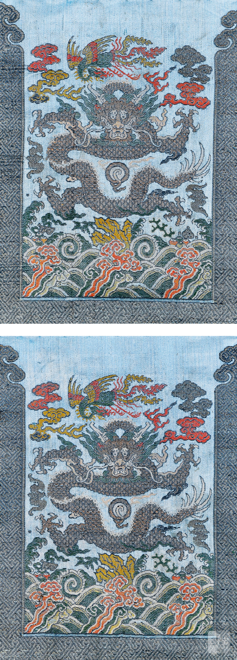 清 蓝缎地织锦海水正龙纹马面一对